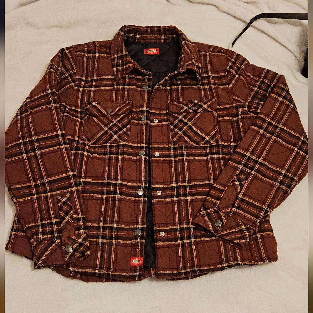 Dickies Womens Plaid Quilted Button Down Shacket Size L